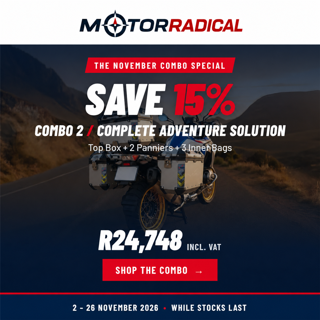 Motorradical November 2026 Combo 2: Top Box, two Panniers and three Inner Bags for R24,748 incl. VAT.